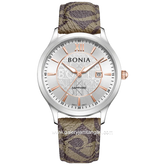 BONIA BNB10877-1313 Brown Silver Sapphire Crystal Genuine Leather