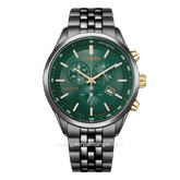 CITIZEN ECO DRIVE AT2576-50X Chronograph Black Dial Green Stainless Steel Strap