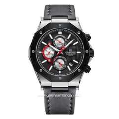 NAVIFORCE NF-8028M Black Silver Chronograph Leather Strap