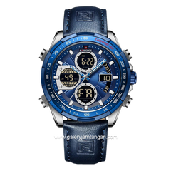 NAVIFORCE NF-9197ML Blue Silver Dual Time Leather Strap