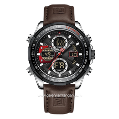 NAVIFORCE NF-9197ML Brown Silver Dual Time Leather Strap