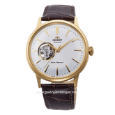 ORIENT BAMBINO OPEN HEART RA-AG0003S30B Automatic Brown Gold Dial White Leather Strap