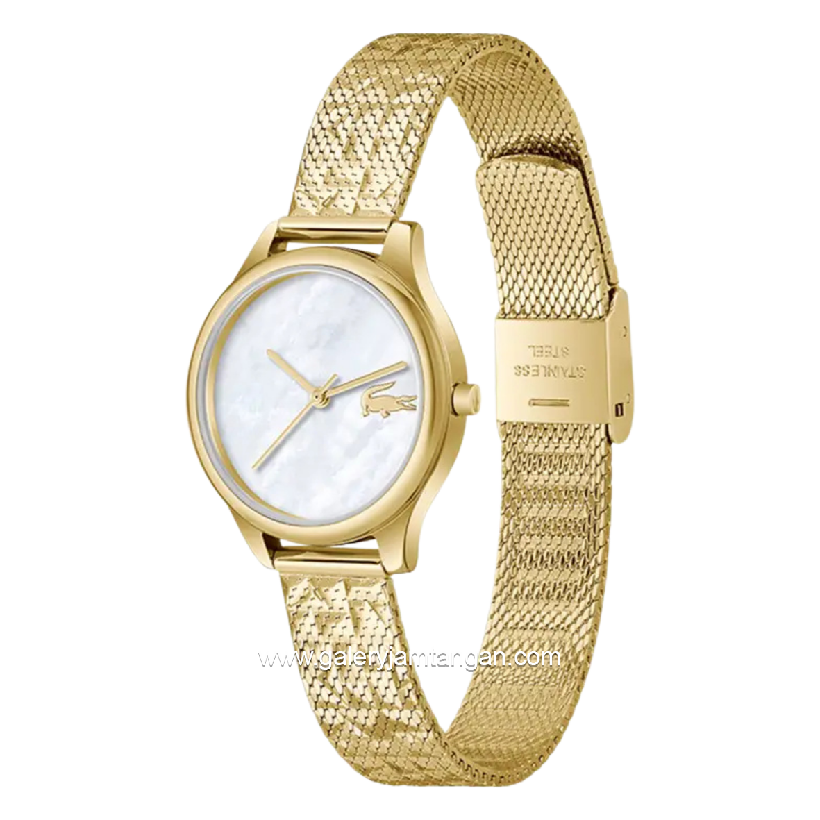 LACOSTE MINI CROCODELLE 2001500 Gold Dial White MOP Mesh Stainless Steel Strap