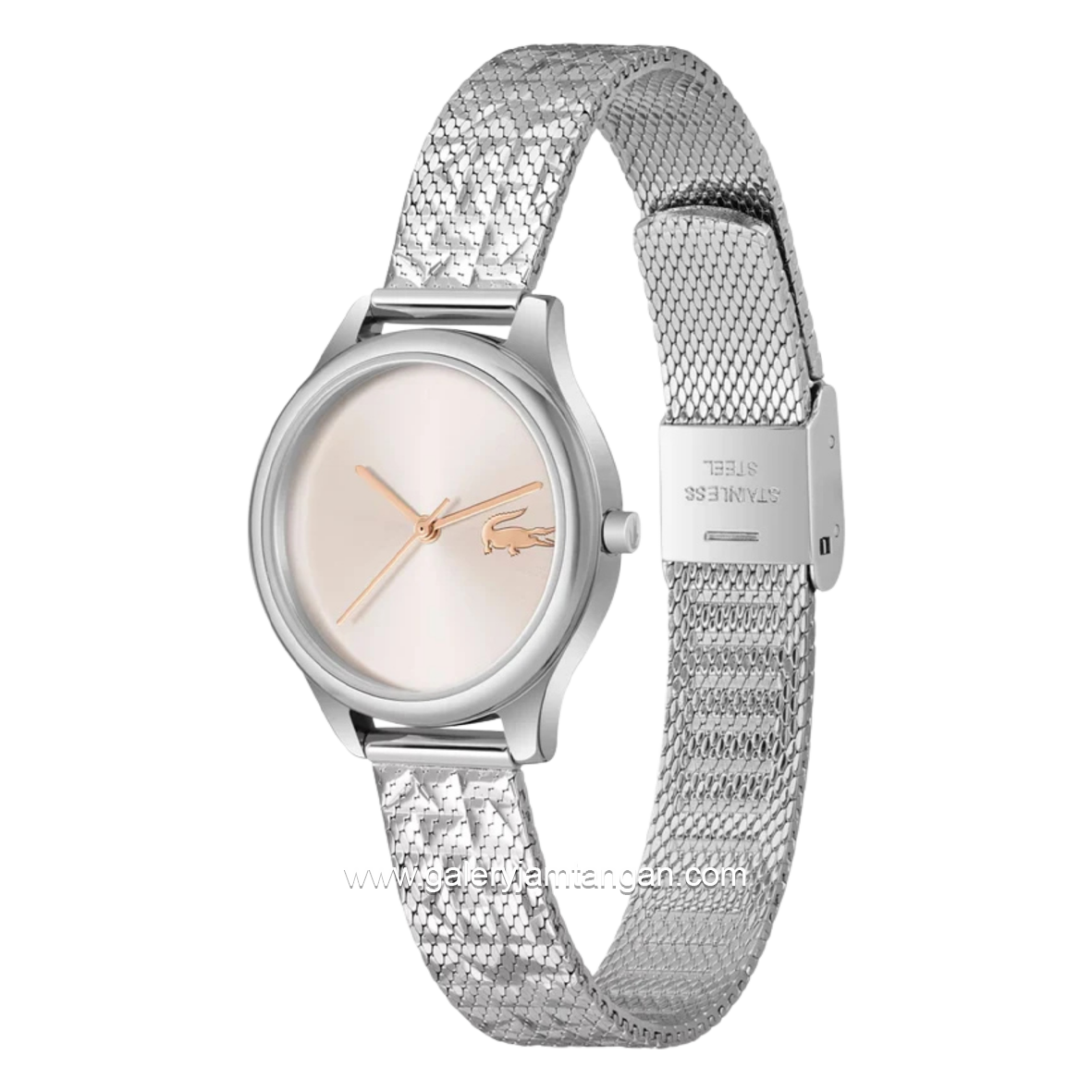LACOSTE MINI CROCODELLE 2001501 Silver Dial Pink Mesh Stainless Steel Strap