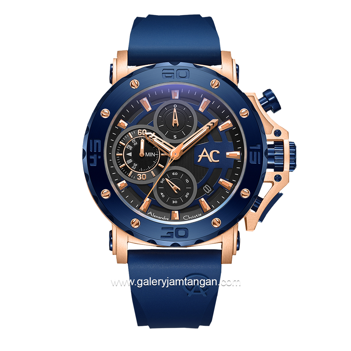 Alexandre Christie AC 9205 MC Blue Rosegold Rubber Strap