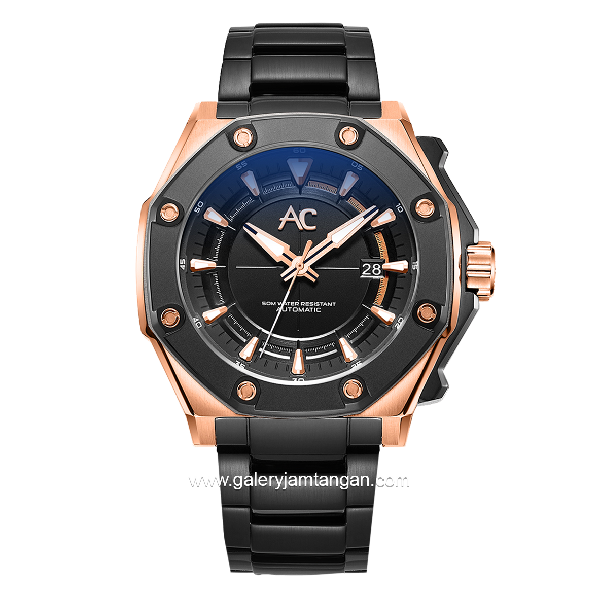 Alexandre Christie AC 9601 MA Men Black Rosegold Dial Black Automatic Stainless Steel Strap
