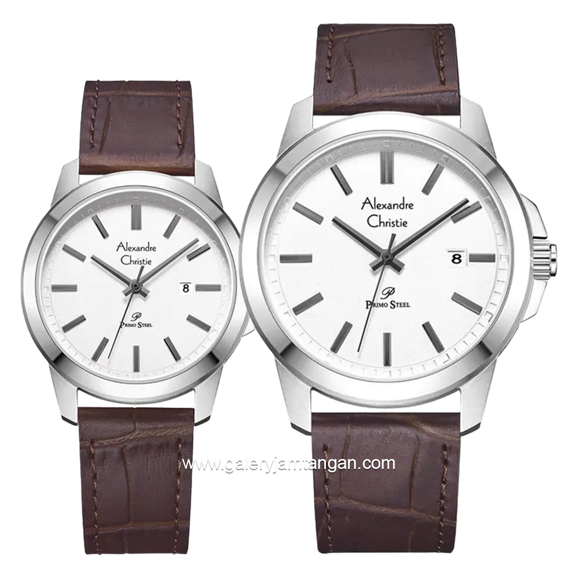 Alexandre Christie AC 1017 MD & AC 1017 LD Brown Dial White Leather Strap