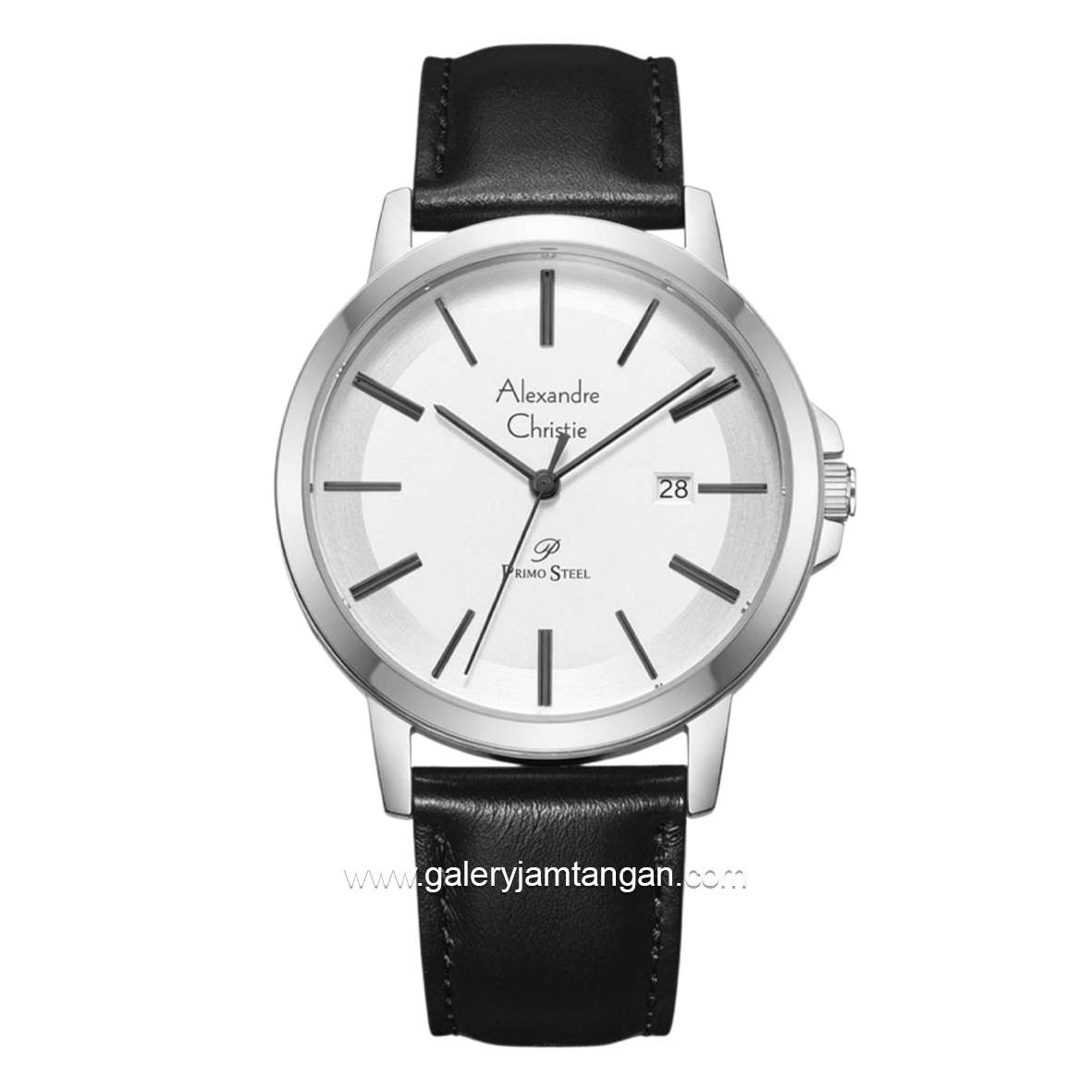 Alexandre Christie Primo Steel AC 1036 MDLSSSL Black Silver Dial White Leather Strap