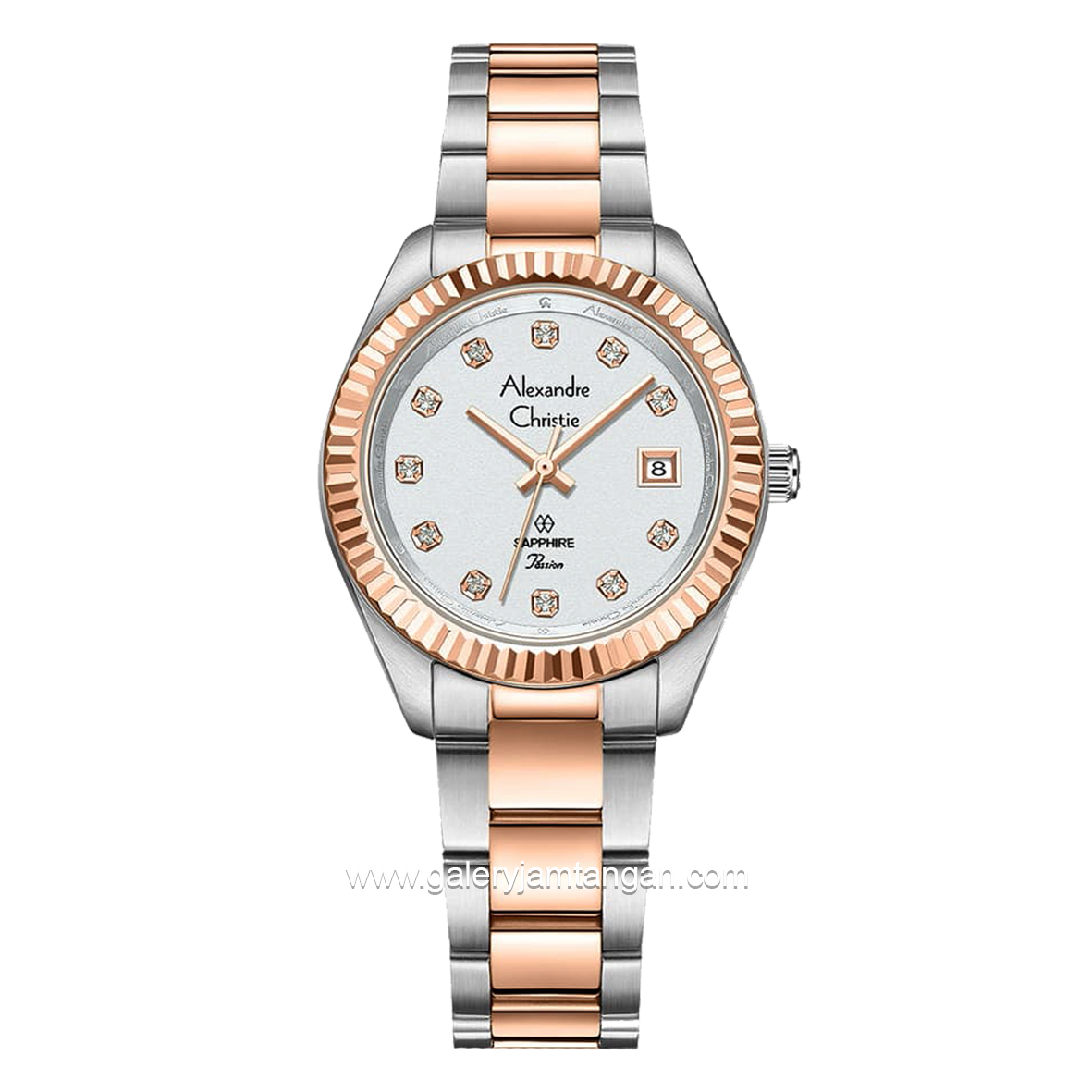 Alexandre Christie Passion AC 2A83 LD Sapphire Crystal Silver Rosegold Dual Tone Stainless Steel Strap