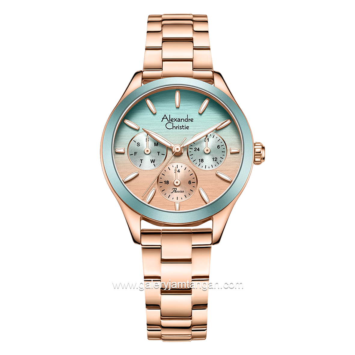 Alexandre Christie Passion AC 2A93 BF Rosegold Ring Green Multifunction Stainless Steel Strap