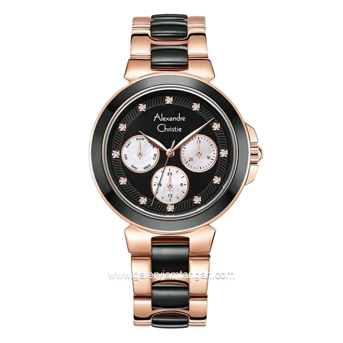 Alexandre Christie AC 2B02 BF Multifunction Black Rosegold Dual Tone Dial Stainless Steel With Ceramic Strap