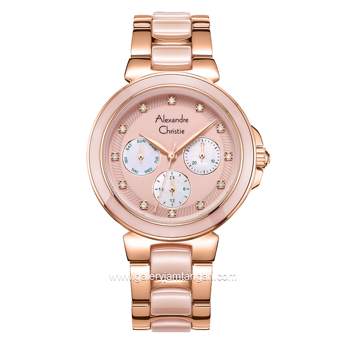 Alexandre Christie AC 2B02 BF Multifunction Pink Rosegold  Dual Tone Dial Stainless Steel With Ceramic Strap