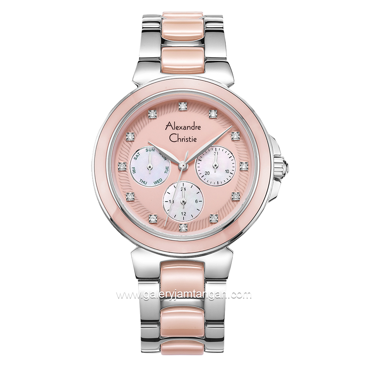 Alexandre Christie AC 2B02 BF Multifunction Pink Silver Dual Tone Dial Stainless Steel With Ceramic Strap