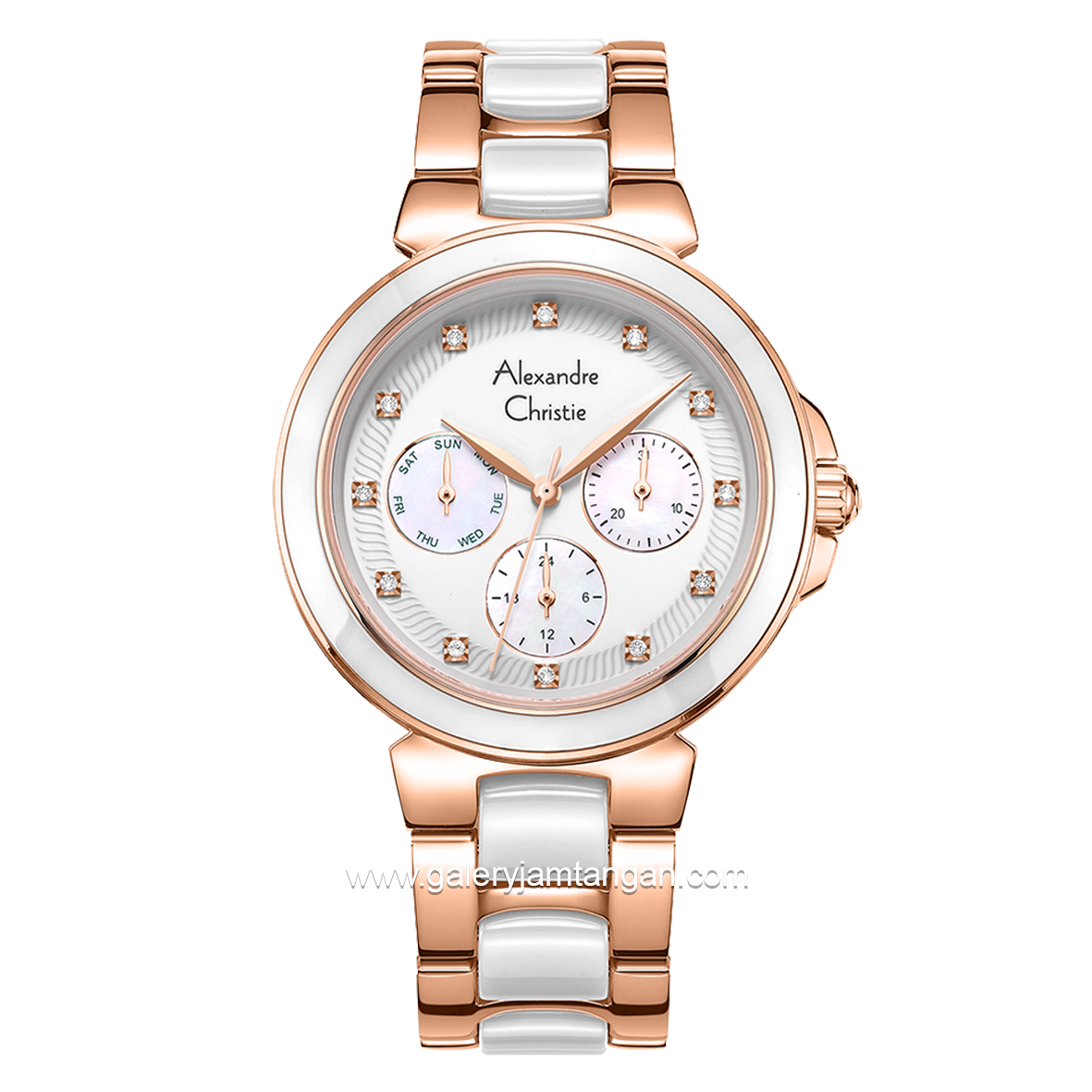 Alexandre Christie AC 2B02 BF Multifunction White Rosegold  Dual Tone Dial Stainless Steel With Ceramic Strap