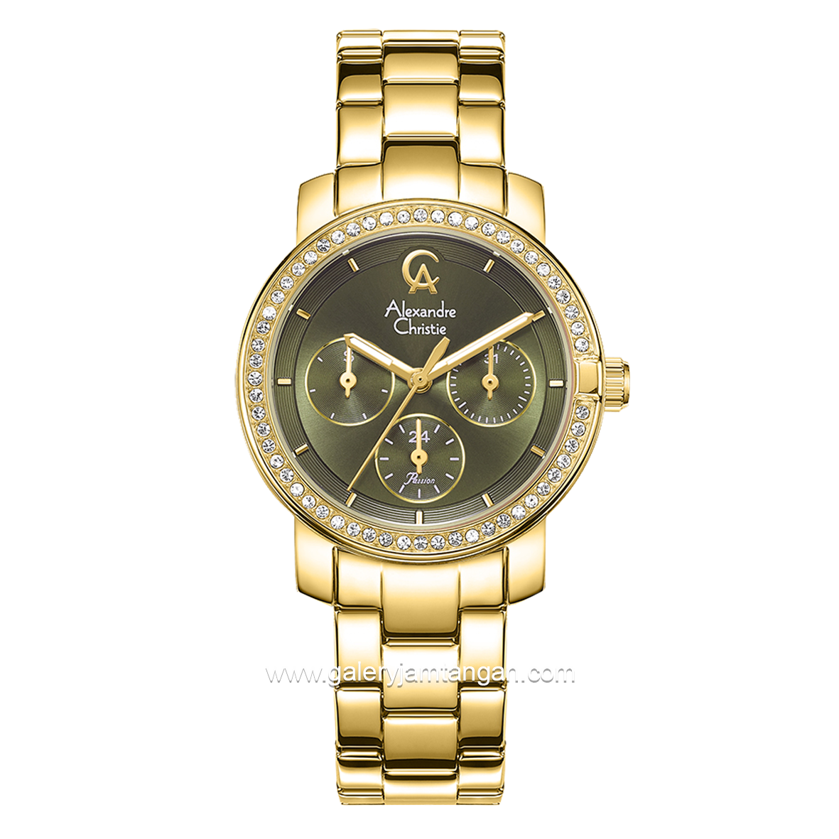 Alexandre Christie Passion AC 2B23 BF Multifunction Gold Dial Green Stainless Steel Strap