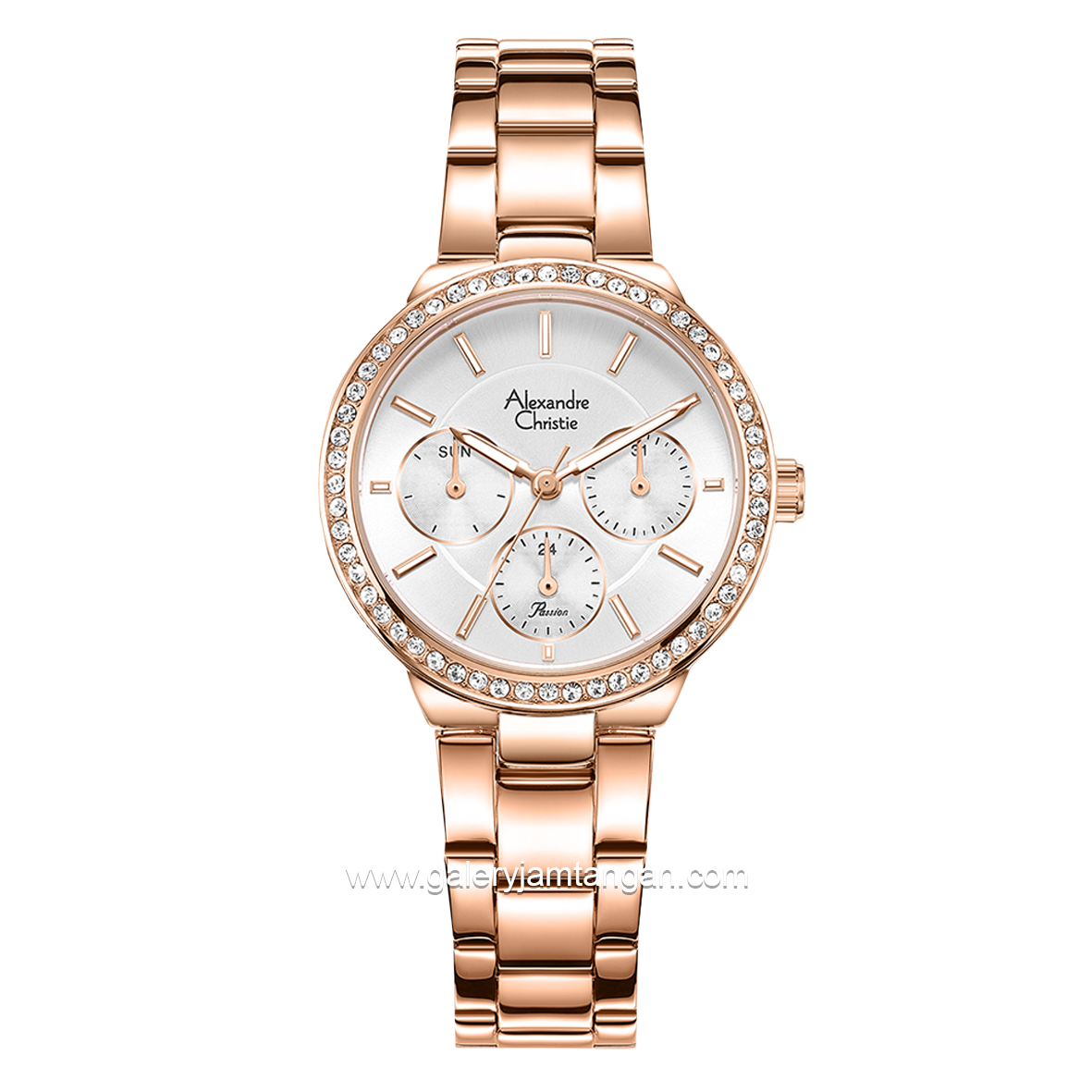 Alexandre Christie Passion AC 2B24 BF Multifunction Full Rosegold Dial White Stainless Steel Strap