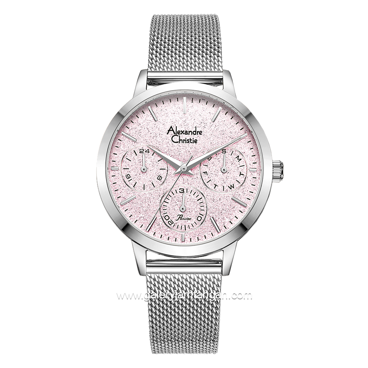 Alexandre Christie Passion AC 2B25 BF Silver Dial Pink Gliter Stainless Steel Case with Mesh Band