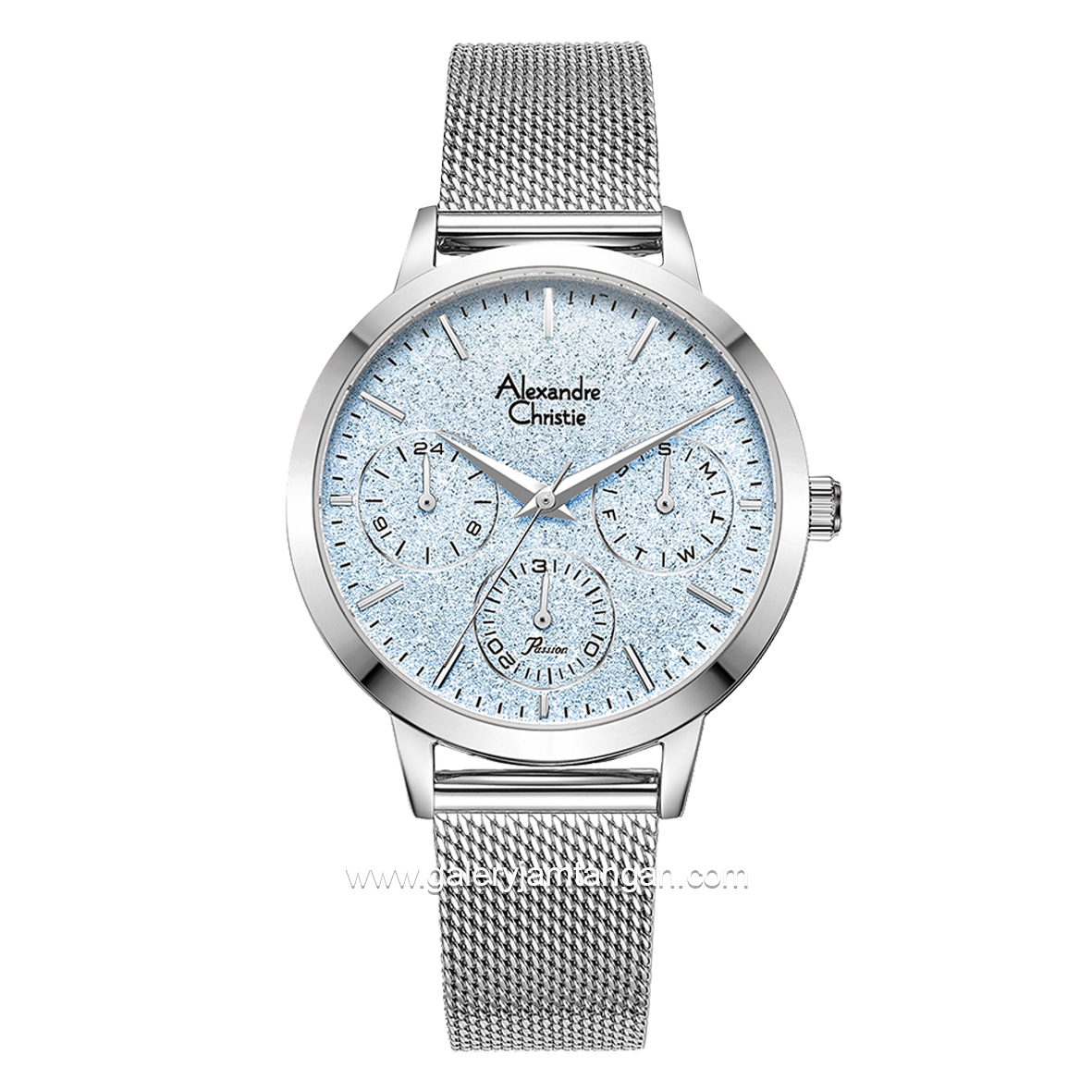 Alexandre Christie Passion AC 2B25 BF Silver Dial Blue Gliter Stainless Steel Case with Mesh Band