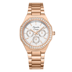 Alexandre Christie AC 2B58 BF Ladies Rosegold Dial White Multifunction  Stainless Steel Strap