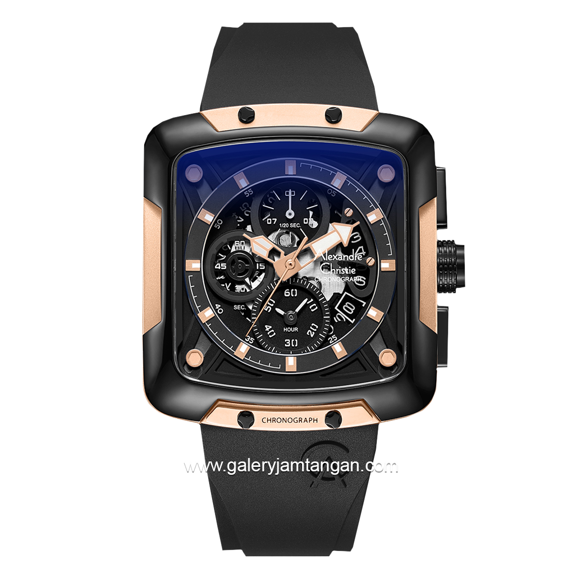 Alexandre Christie AC 3039 GC Black Rosegold Ring Black Rubber Strap