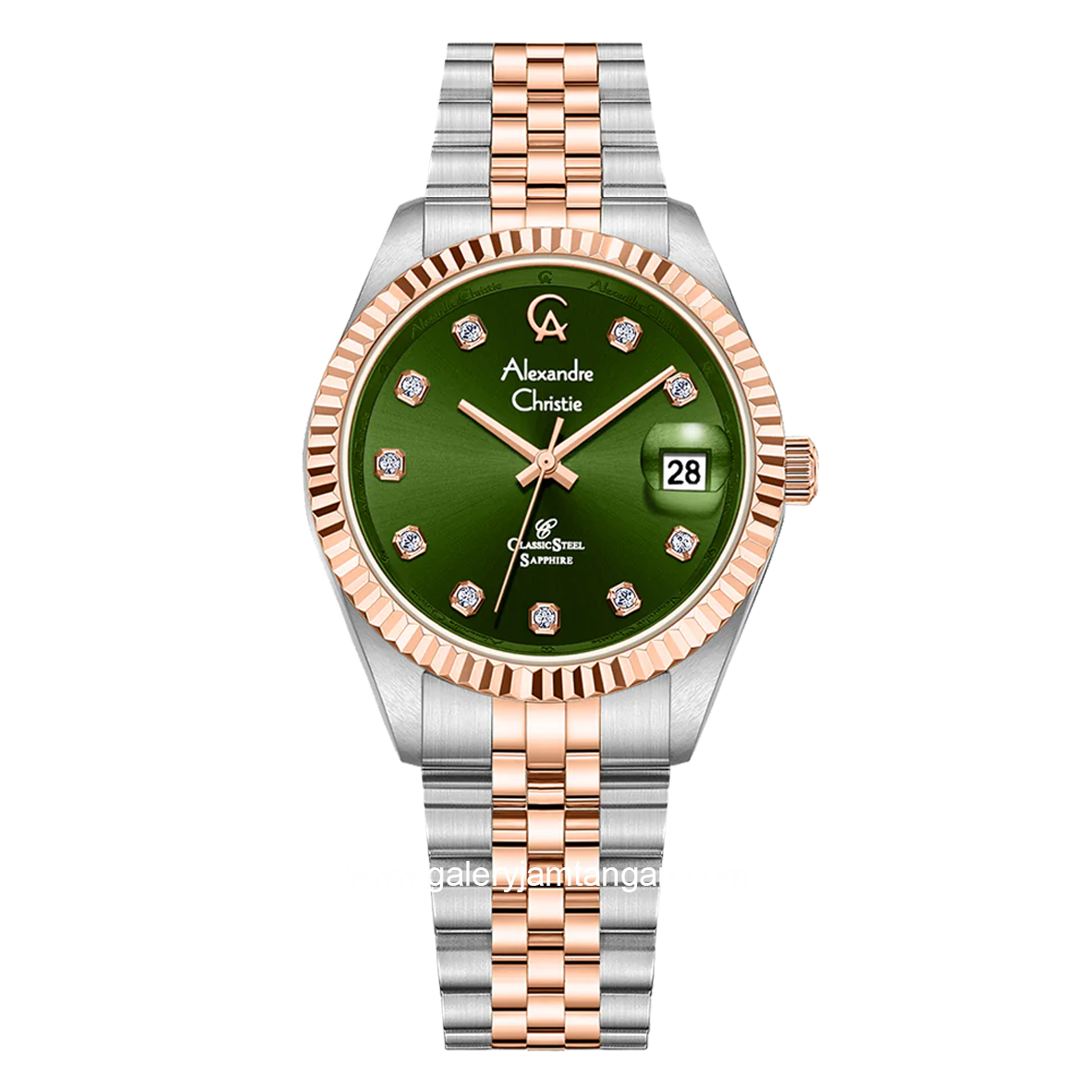 Alexandre Christie AC 5013 LD Silver Combinasi Dial Green Sapphire Crystal Glass