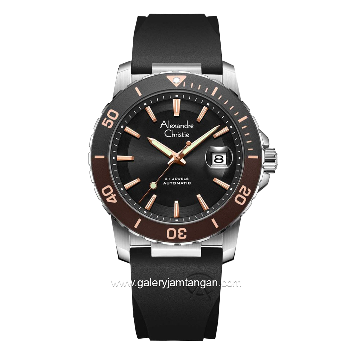 ALEXANDRE CHRISTIE AC 6141 MA Men Black Silver Ring Brown Automatic Rubber Strap