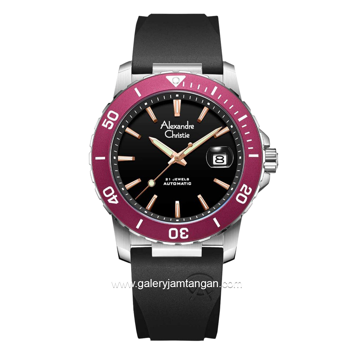 ALEXANDRE CHRISTIE AC 6141 MA Men Black Silver Ring Red Automatic Rubber Strap