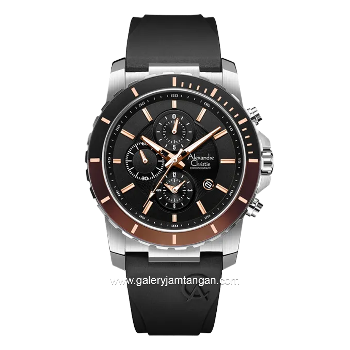 Alexandre Christie AC 6141 MC Black Silver Ring Brown Rubber Strap
