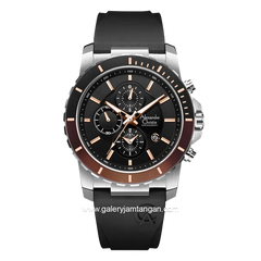 Alexandre Christie AC 6141 MC Black Silver Ring Brown Rubber Strap