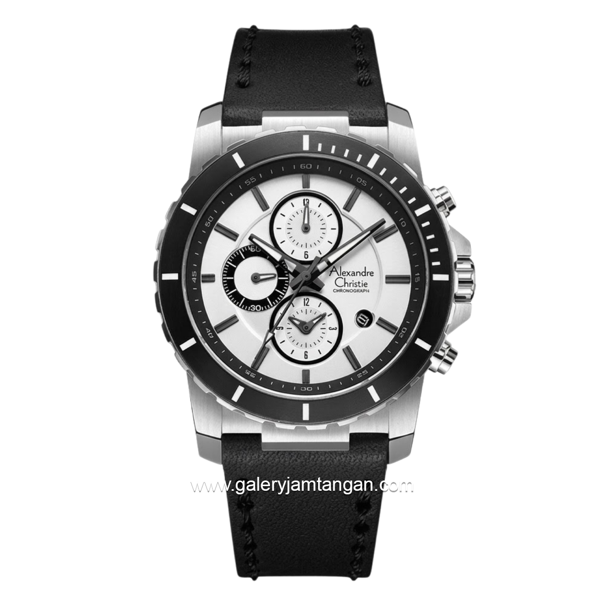 Alexandre Christie AC 6141 MCLSSSL Black Silver Dial White Leather Strap