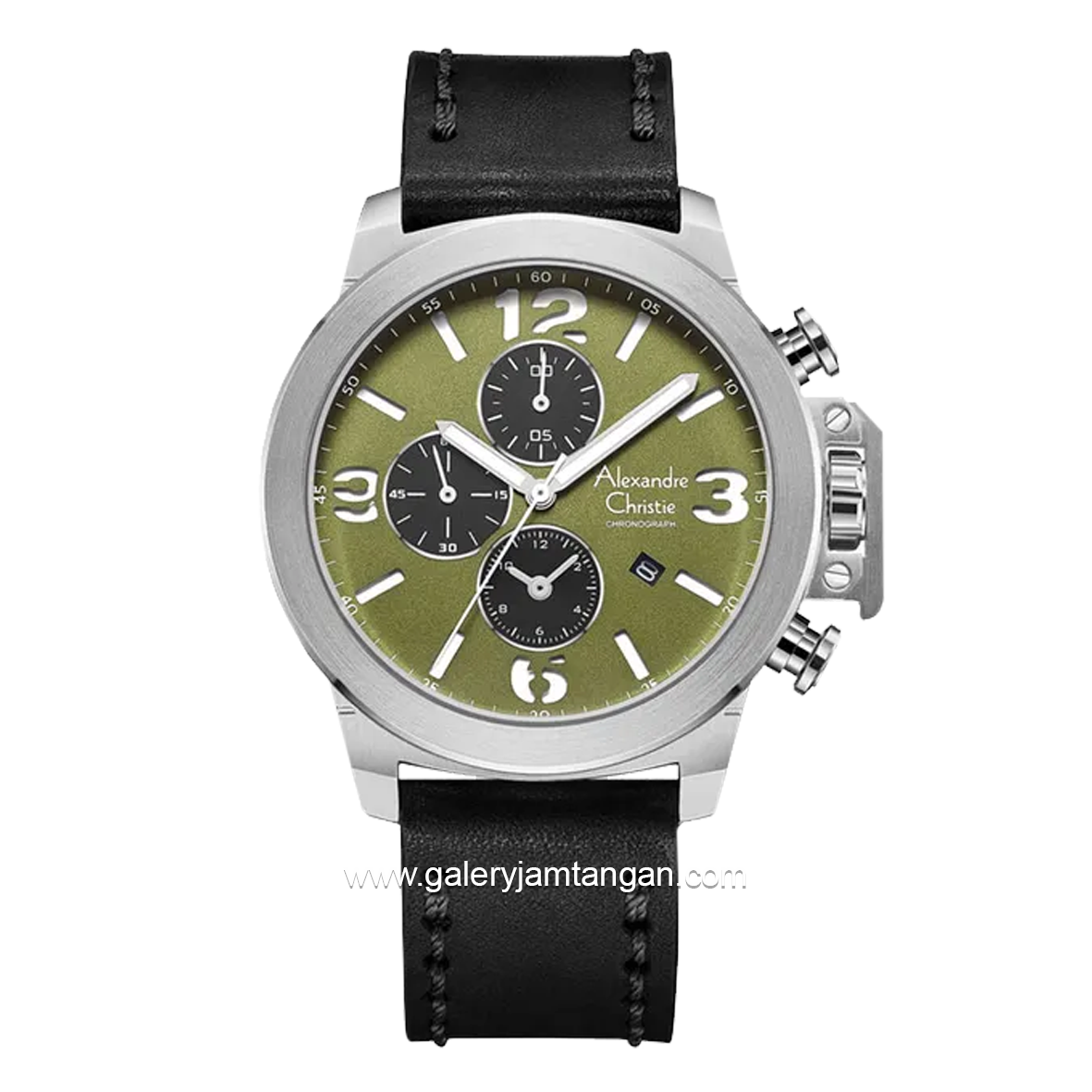 Alexandre Christie AC 6280 GC Black Silver Dial Green Leather Strap