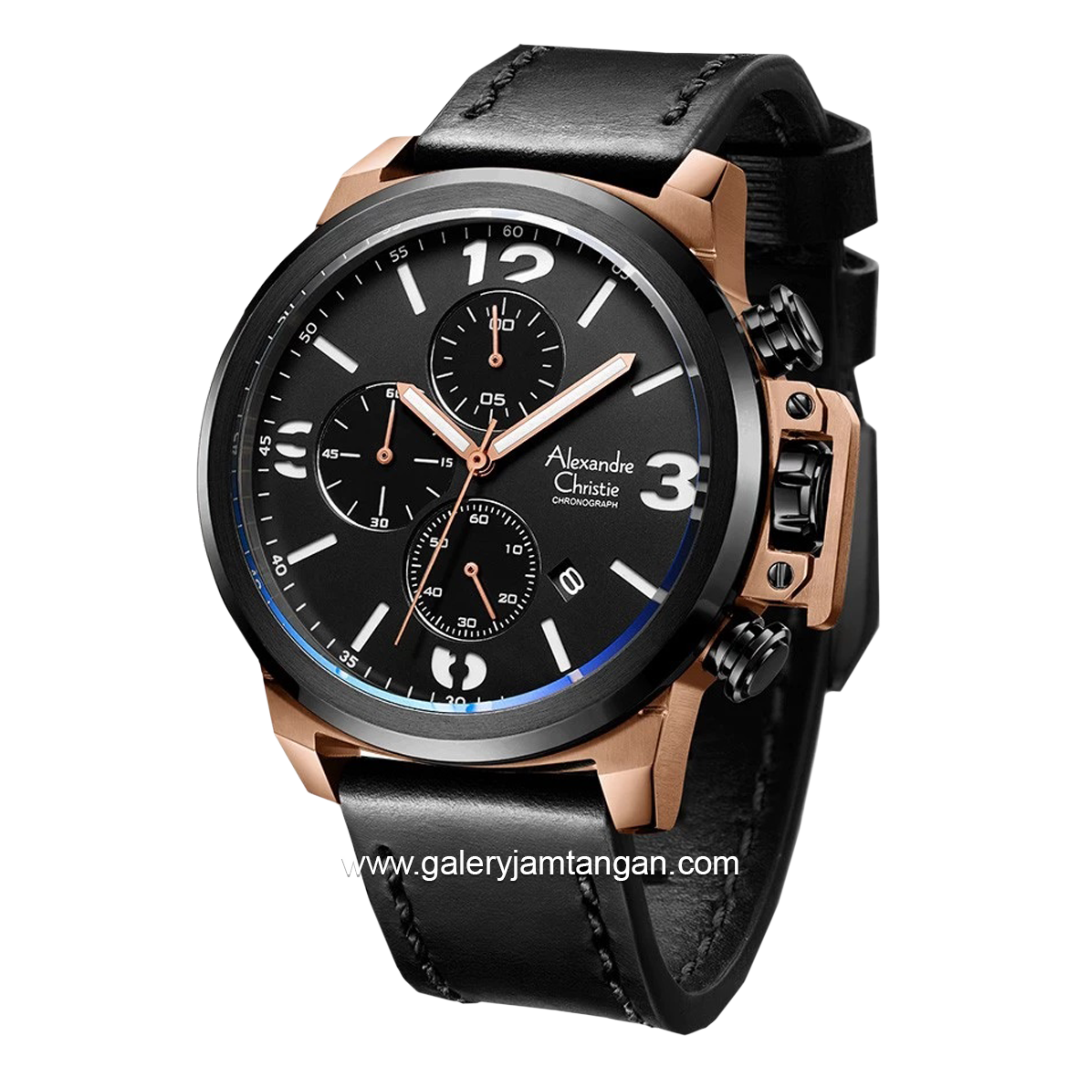 Alexandre Christie AC 6280 MC Black Rosegold Ring Black Leather Strap