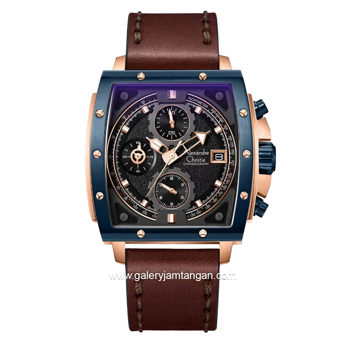 Alexandre Christie AC 6376 MC Chronograph Brown Rosegold Ring Blue Leather Strap