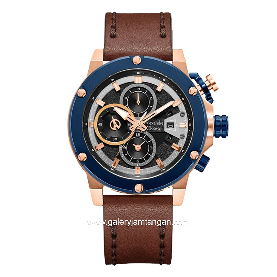 Alexandre Christie AC 6491 GC Brown Rosegold Ring Blue Leather Strap