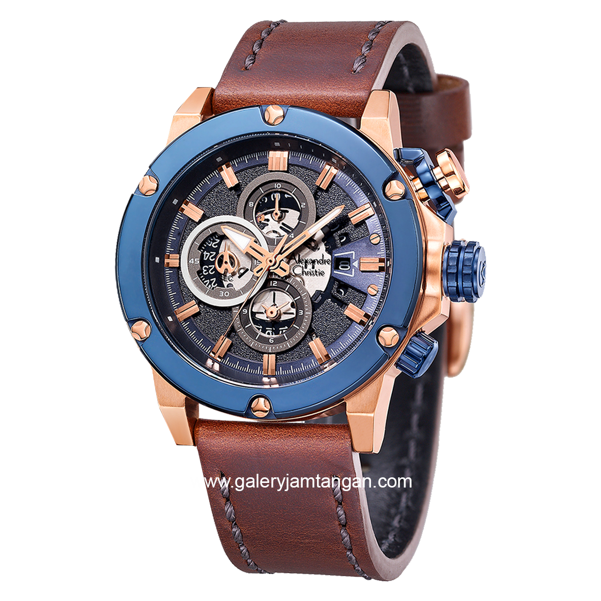 Alexandre Christie AC 6491 MC Man Brown Rosegold Ring Blue Chronograph Leather Strap