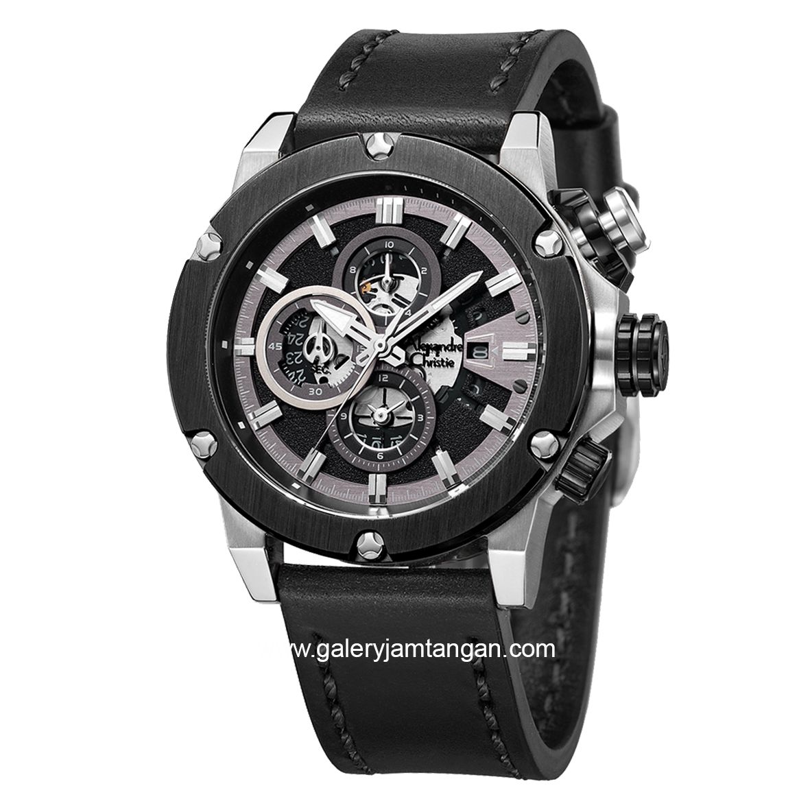 Alexandre Christie AC 6491 MC Man Black Silver Chronograph Leather Strap