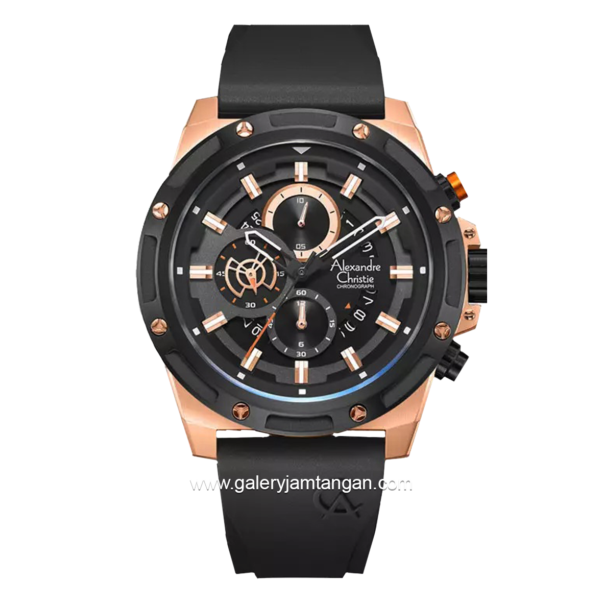 Alexandre Christie AC 6506 MC Chronograph Black Rosegold Rubber Strap