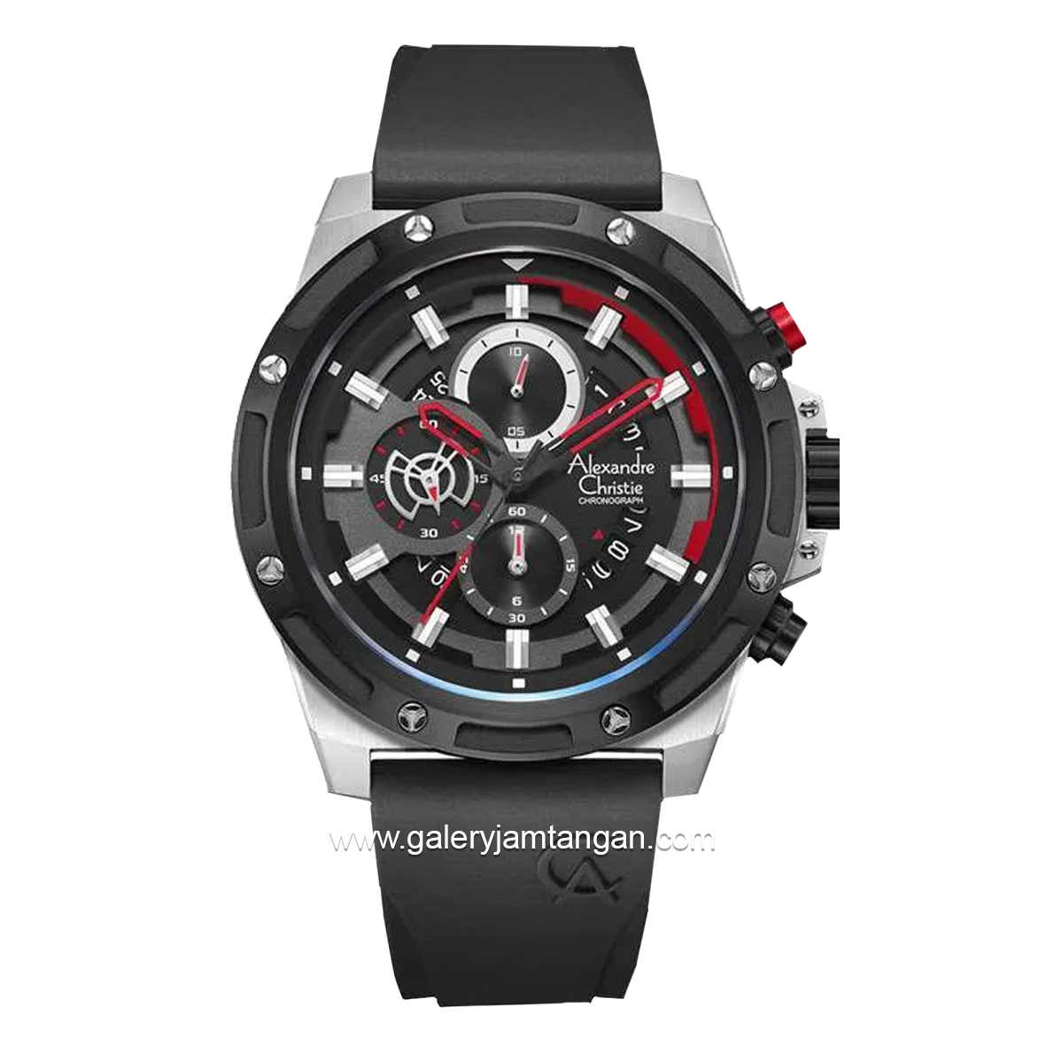 Alexandre Christie AC 6506 MC Chronograph Black Silver Ring Black Rubber Strap