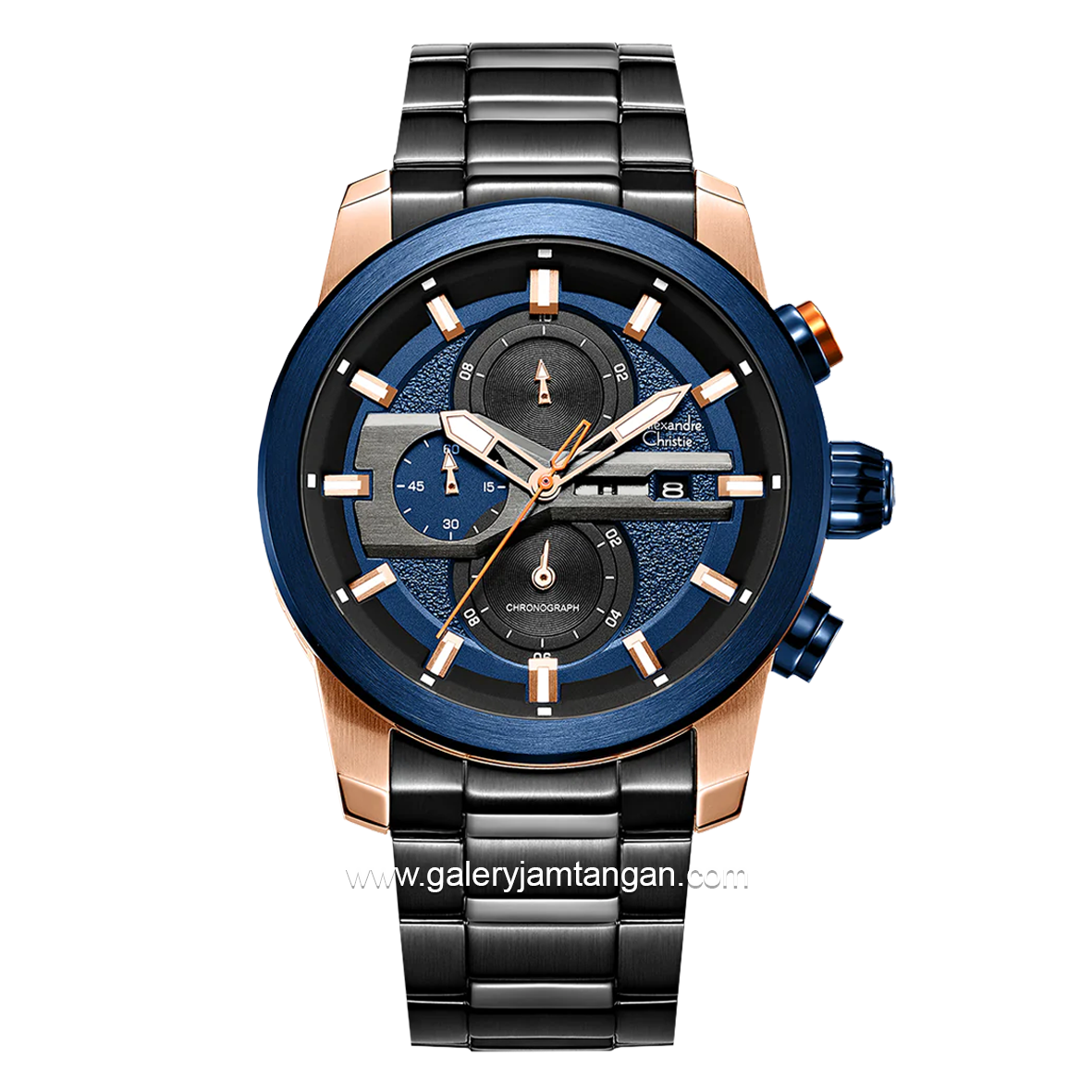 Alexandre Christie AC 6559 MC Man Black Rosegold Ring Blue Chronograph Stainless Steel Strap