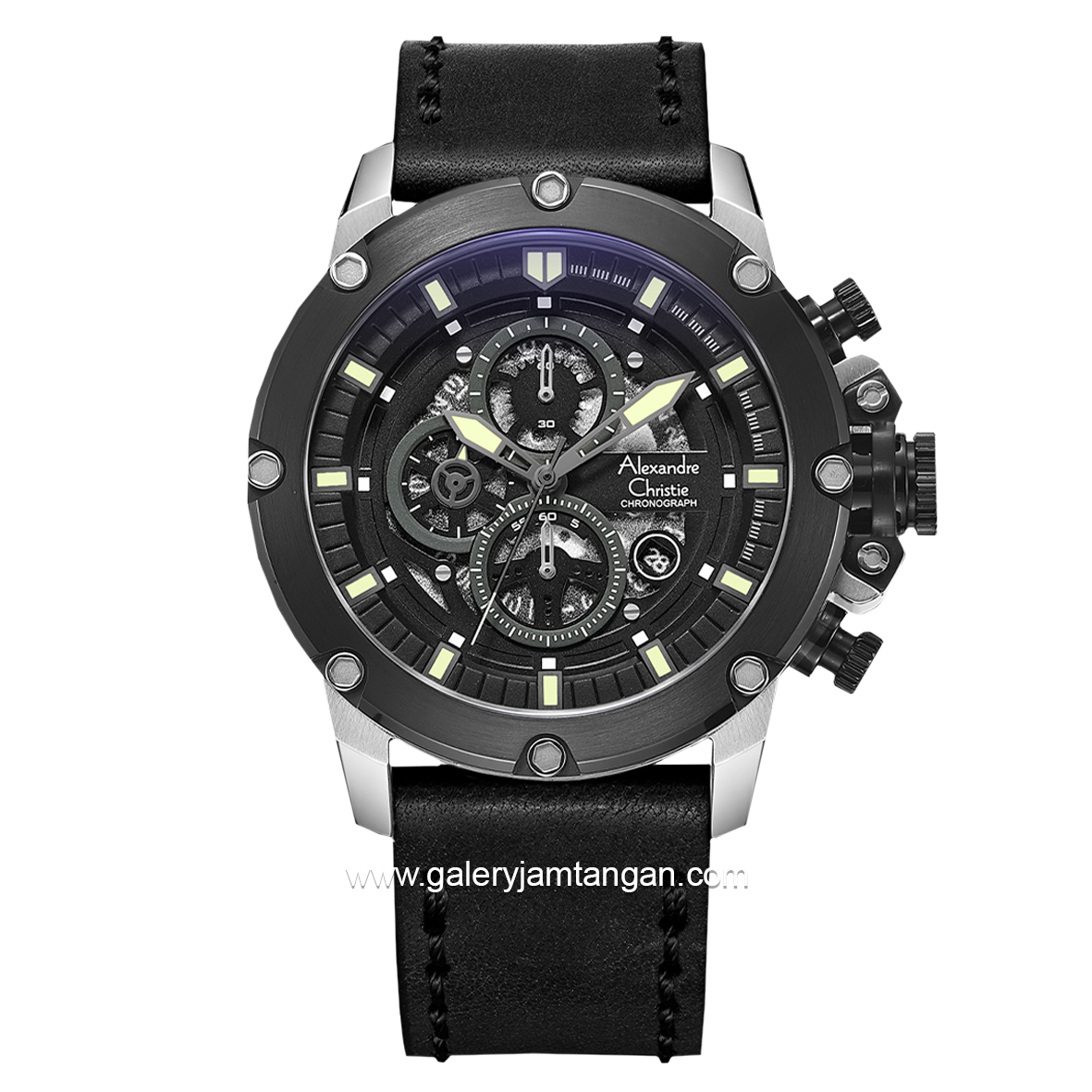 Alexandre Christie AC 6564 MC Black Silver Chronograph Leather Strap