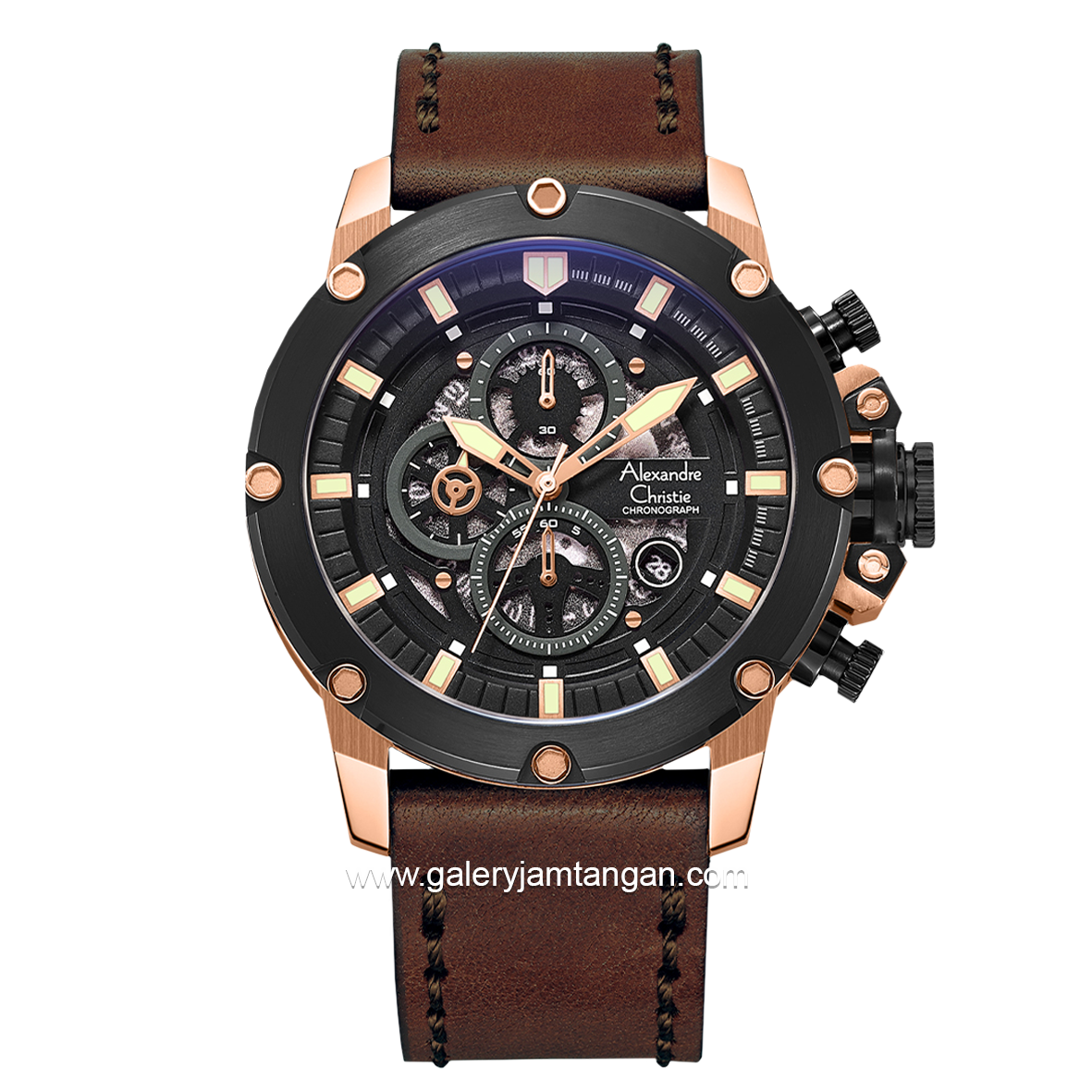 Alexandre Christie AC 6564 MC Brown Rosegold Chronograph Leather Strap