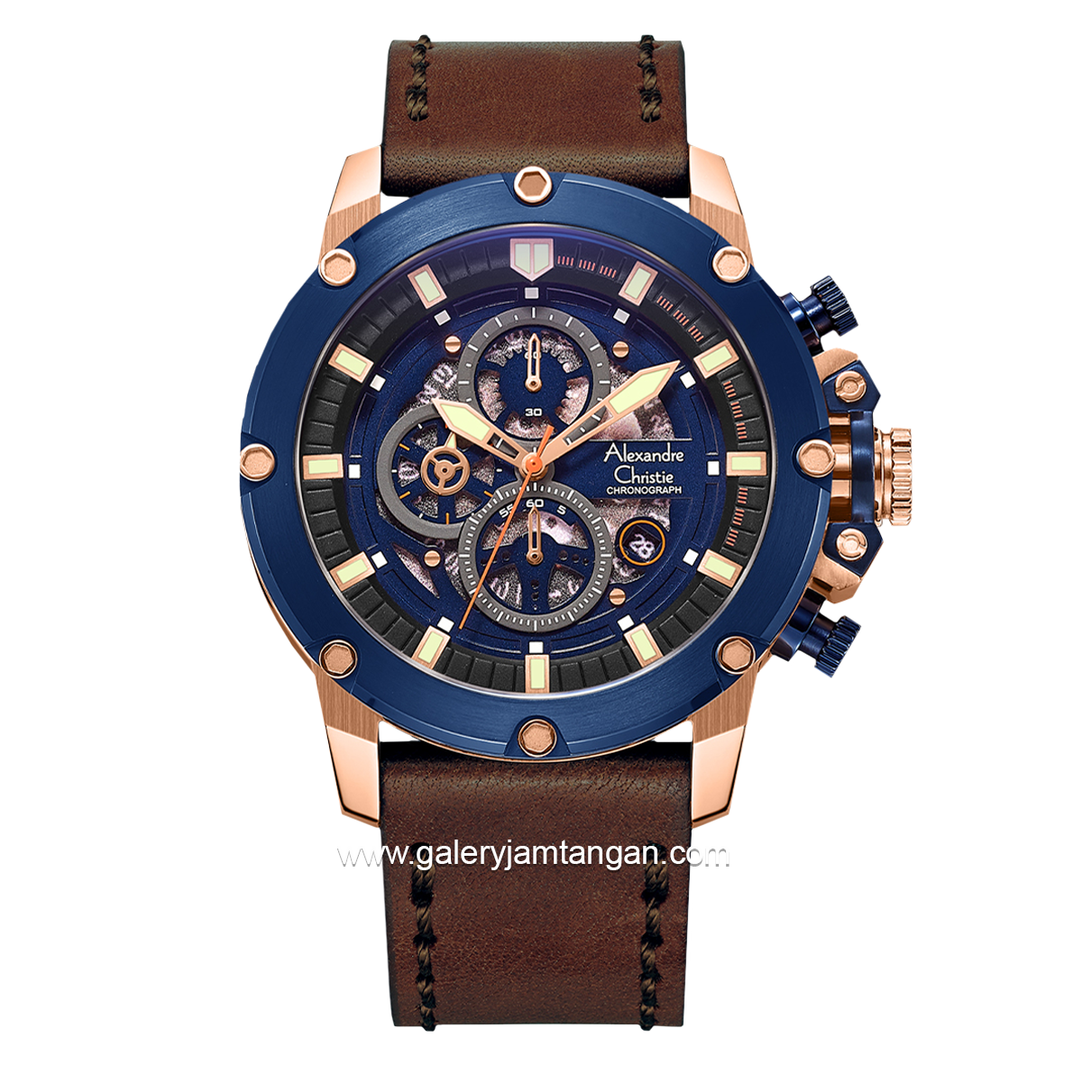 Alexandre Christie AC 6564 MC Brown Rosegold Ring Blue Chronograph Leather Strap