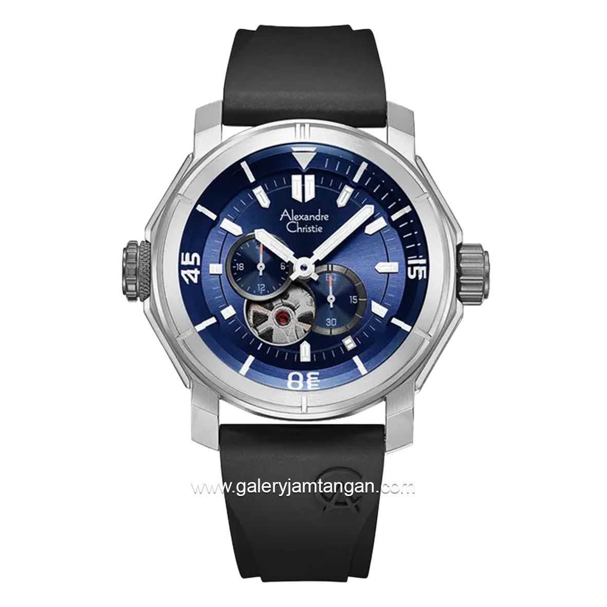 Alexandre Christie AC 6565 MA Chronograph Open Heart Black Dial Blue Rubber Strap