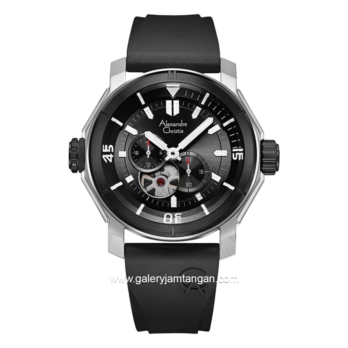 Alexandre Christie AC 6565 MA Chronograph Open Heart Black Silver Rubber Strap