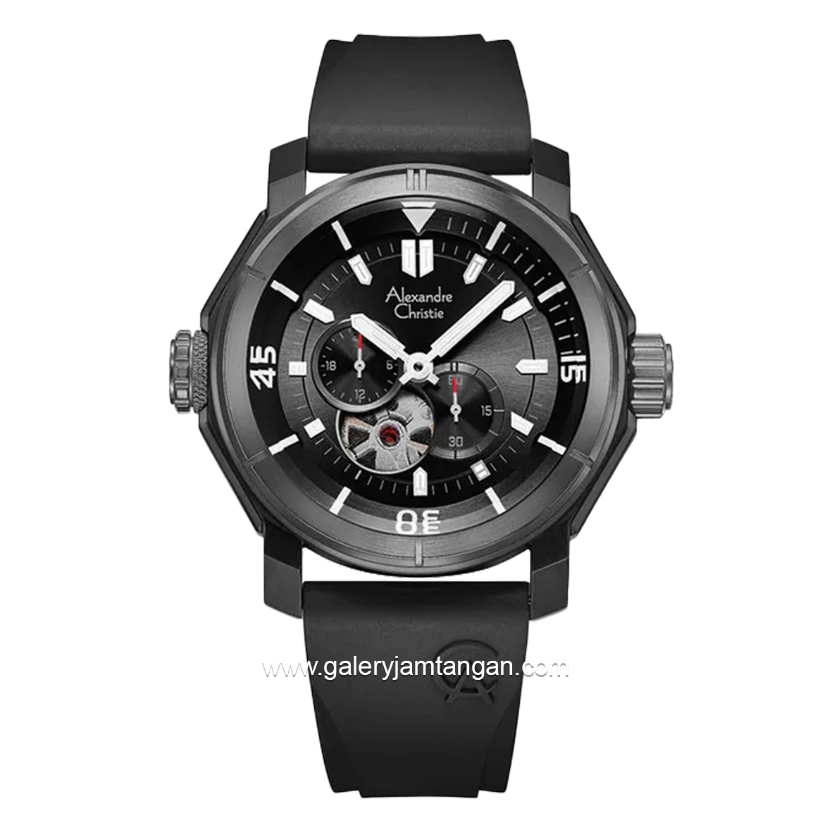 Alexandre Christie AC 6565 MA Chronograph Open Heart Full Black Rubber Strap