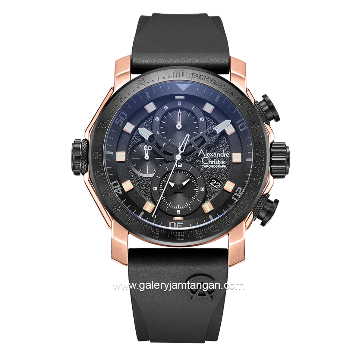 Alexandre Christie AC 6565 MC Black Rosegold Chronograph Rubber Strap