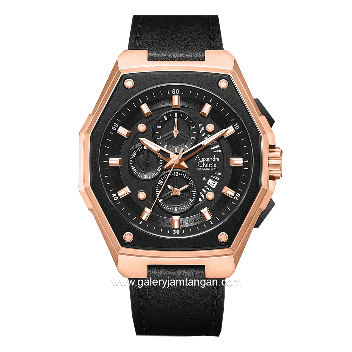 Alexandre Christie AC 6599 MC Black Rosegold Leather Strap