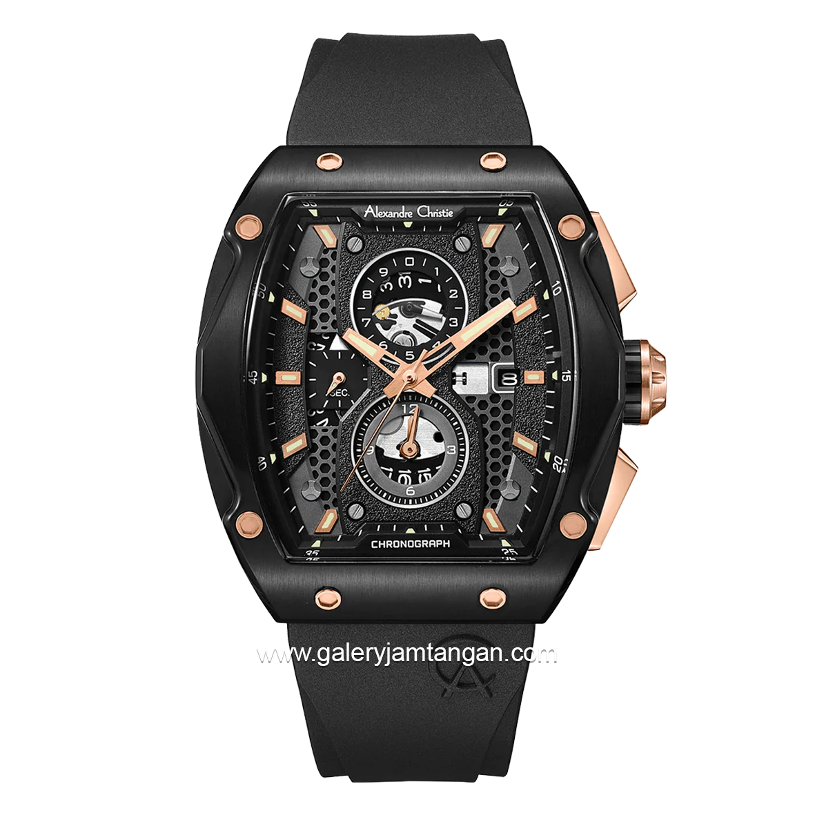 Alexandre Christie AC 6608 MC Black Crown Rosegold Rubber Strap