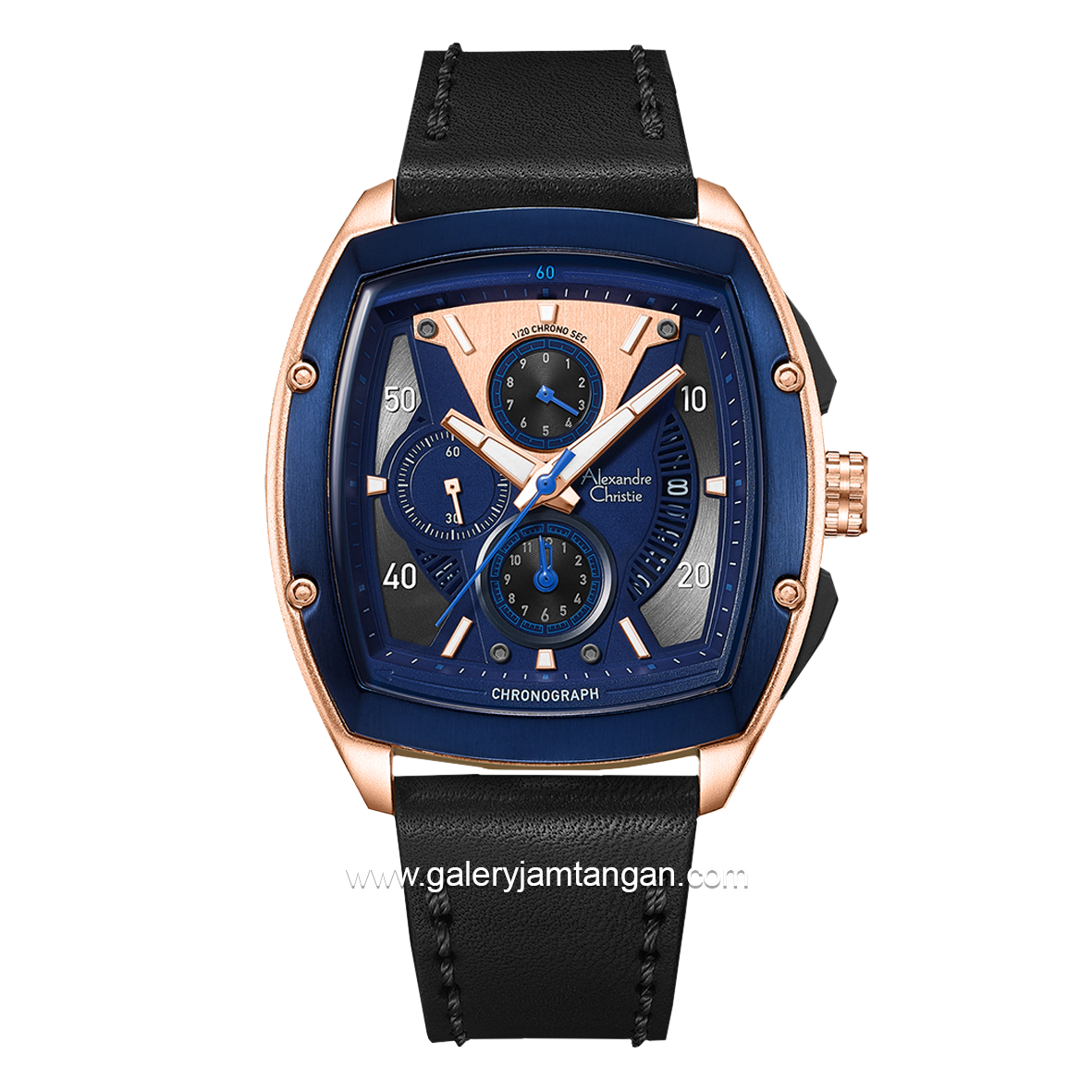 Alexandre Christie AC 6610 MC Black Rosegold Dial Blue Leather Strap