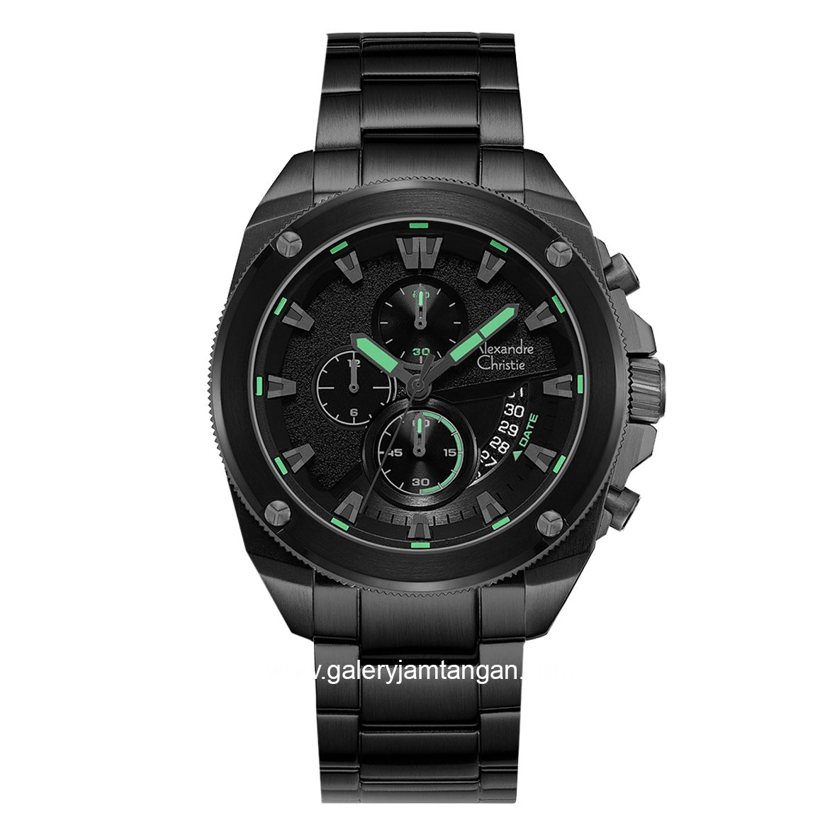 Alexandre Christie AC 6646 MC Black Dial List Green Chronograph Stainless Steel Strap